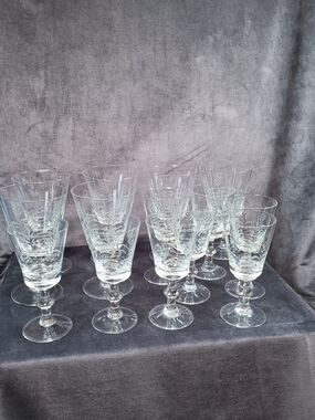 Antique 1950s Crystal Etched Two Sizes By Cambridge Wheat Design (Set of 15)